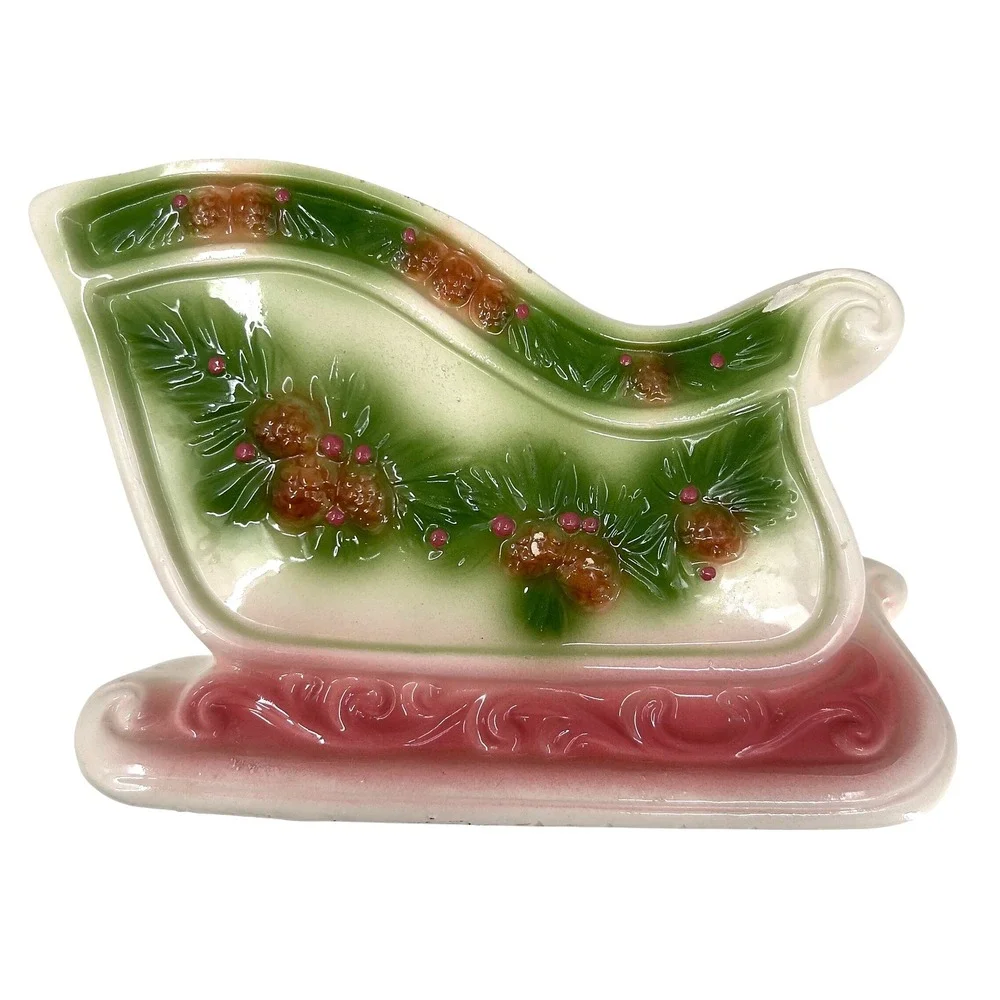 vintage Napcoware Ceramic Christmas Sleigh Planter Vase Holder Pine Cone Holiday